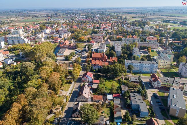 Nowy Dwor Gdanski, 06.10.2018 r. panorama miasta z lotu ptaka EU, PL, Pomorskie, Lotnicze